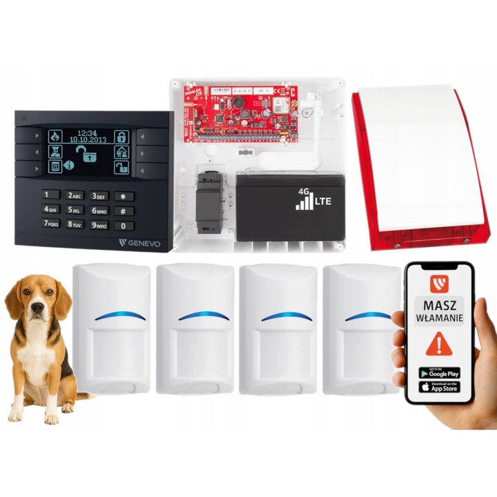 Алармена система Genevo PRiMA64LTE WL, 4 сензора Bosch, LCD панел, LTE комуникация, размери 255x255x90mm