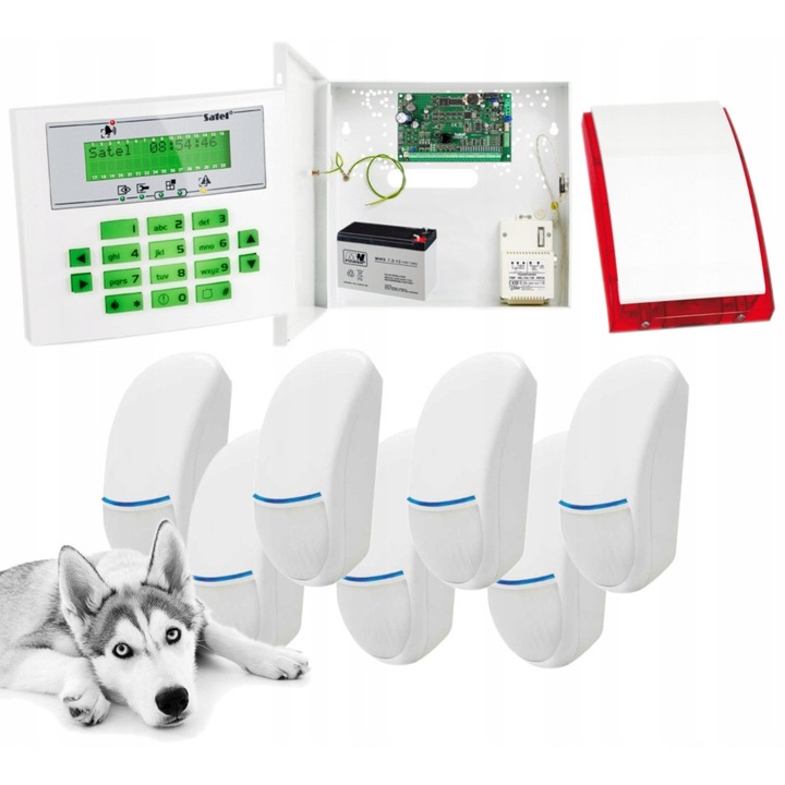 Set alarm INTEGRA 32, 7 senzori BINGO Plus, panou LCD, sirena, accesorii, 12V 7Ah