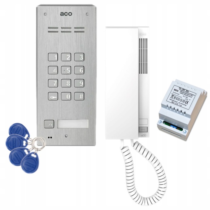 Set interfon ACO FAM-P-1NPZSACC NT, unifon INS-UP720B, transformator 11,5V 1,2A, 4 brelocuri, montaj