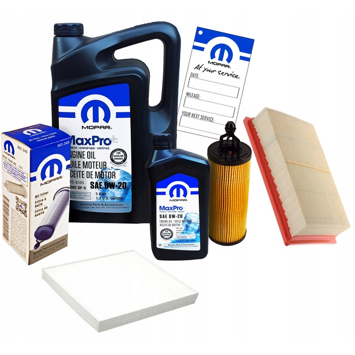 Комплект MOPAR масло 0W20, маслен филтър MO-349, въздушен филтър, филтър купе, Jeep Grand Cherokee/Durango, 5,946 литра