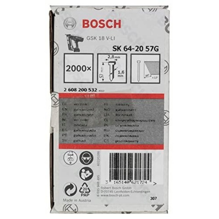 SK64-20 57G Bosch szögek, 2000 darab, 57mm, 1,6mm vastagság, horganyzott