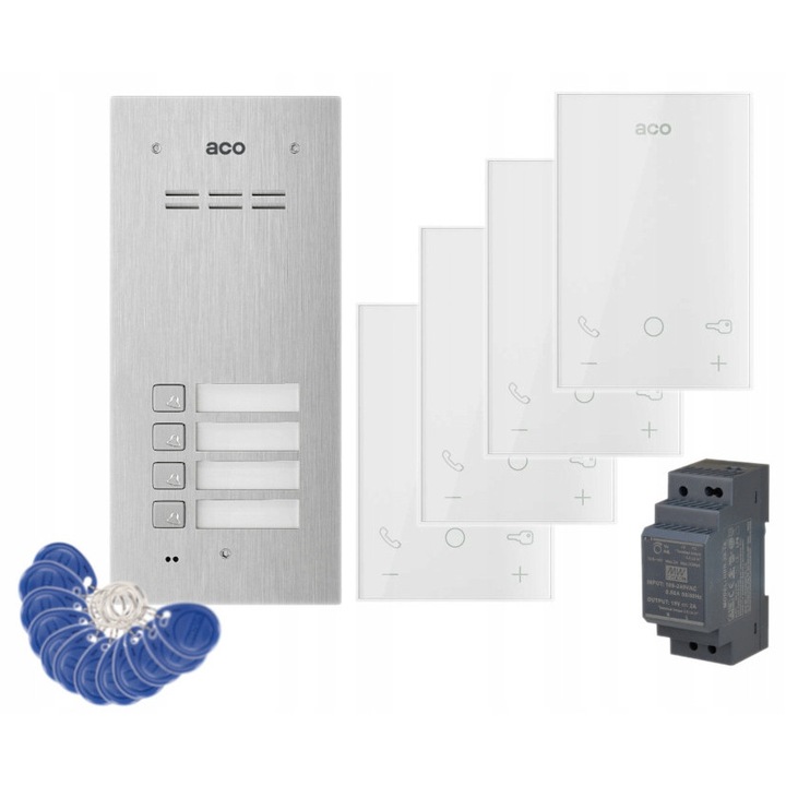 Set interfon 4 familii ACO, statie FAM-P-4NPACC, 4 unifonuri UP800 G2, 12 brelocuri, alimentator 15V