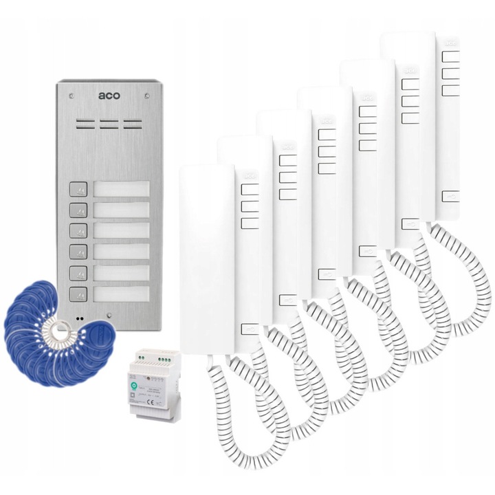 Aco kaputelefon szett, 6 db UP940 unifon, RFID olvasó, 15V, 2A, fehér