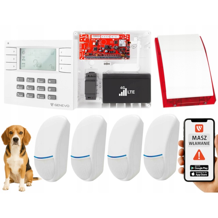 Sistem alarma Genevo PRiMA64LTE, 4 senzori Bingo Plus, sirena externa, LCD, 163x82mm, 255x255x90mm