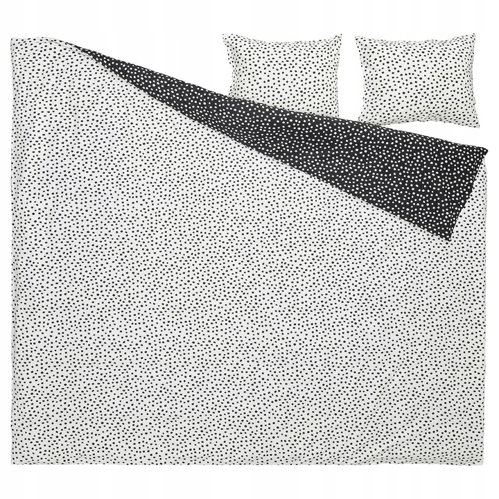 Lenjerie de pat set, IKEA, BJORKGRAMAL, 2 poszewki 50x60cm, 200x200cm, alb cu puncte negre
