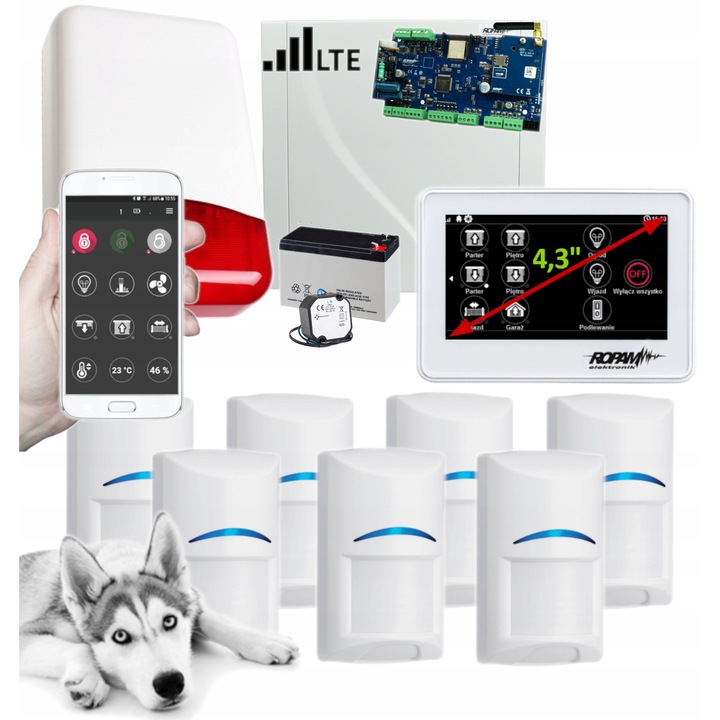 Алармена система Ropam NeoLTE-IP-PS, пълен комплект със 7 сензора Bosch Pet, бял тъч панел, GSM, WiFi, LTE