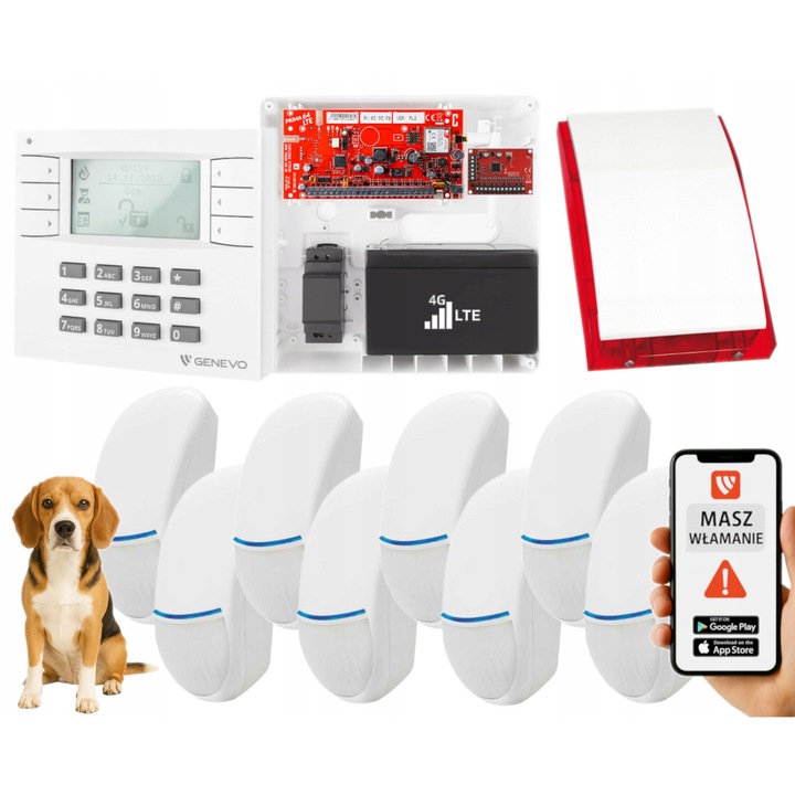 Sistem alarma Genevo PRiMA64LTE, 8 senzori Bingo Plus, sirena externa, LCD, 4 zone, aplicatie mobila