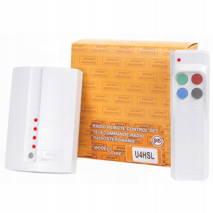 Elmes U4HSL rádióvezérlő szett, 4 csatornás, 433.92 MHz frekvencia, 200m hatótávolság, méretek 93x63x28mm, 113x33x21mm