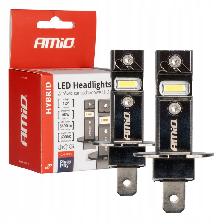 Becuri auto LED H3 6000K Canbus 60W, AMIO, alb, set