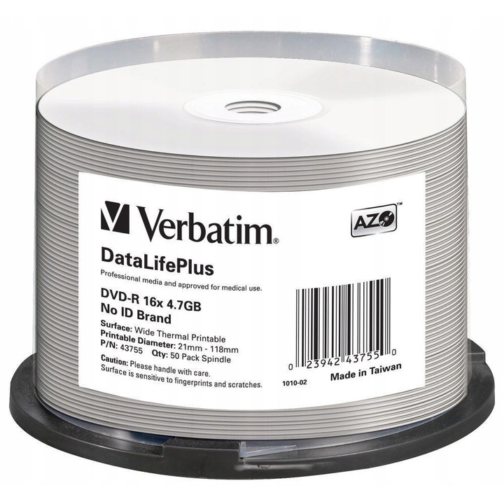 DVD-R Verbatim 4.7GB X16 set 50 bucati, imprimabile termic, alb