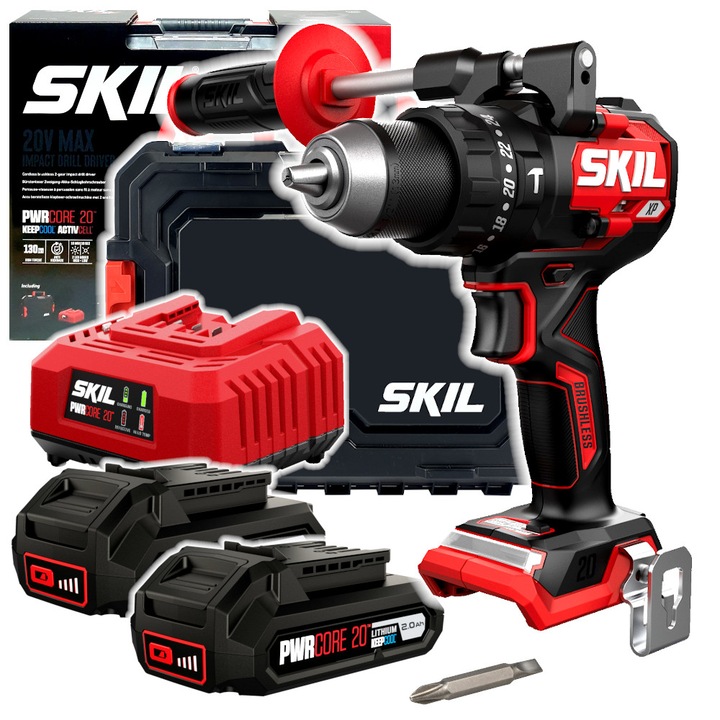 Aparat de gaurit si insurubat Skil 3085, 20V, 130Nm, fara perii, set cu 2 acumulatori 2.0Ah, valiza