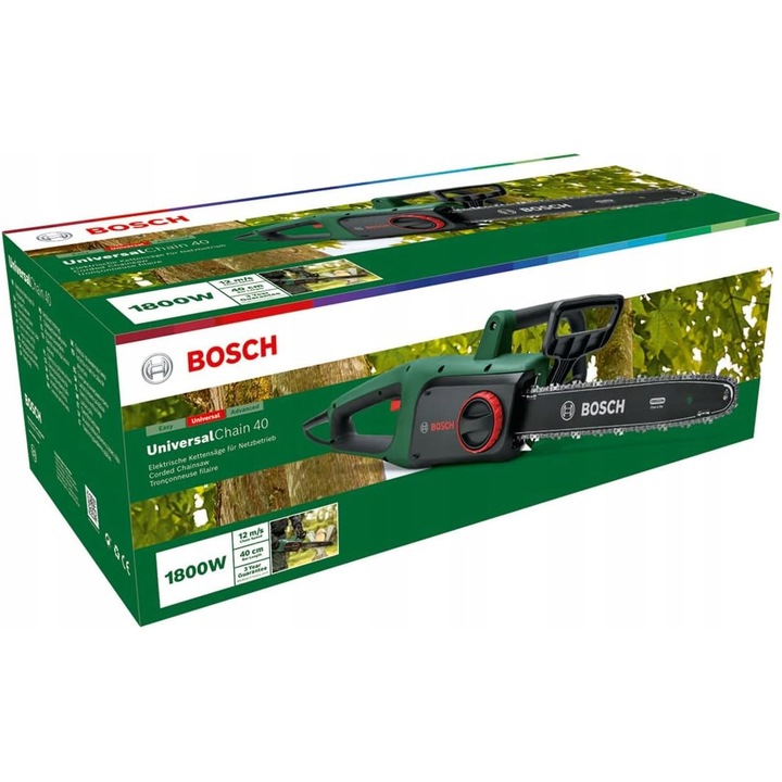 Fierastraie cu lant Bosch UniversalChain 40, 1800W, 12m/s, verde/negru, set cu ulei pentru fierastrau, 40cm