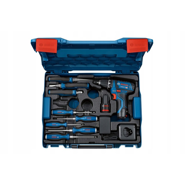 Комбиниран комплект Bosch 12 V GSR 12 V-15 + 8 ръчни инструмента, син, L-BOXX
