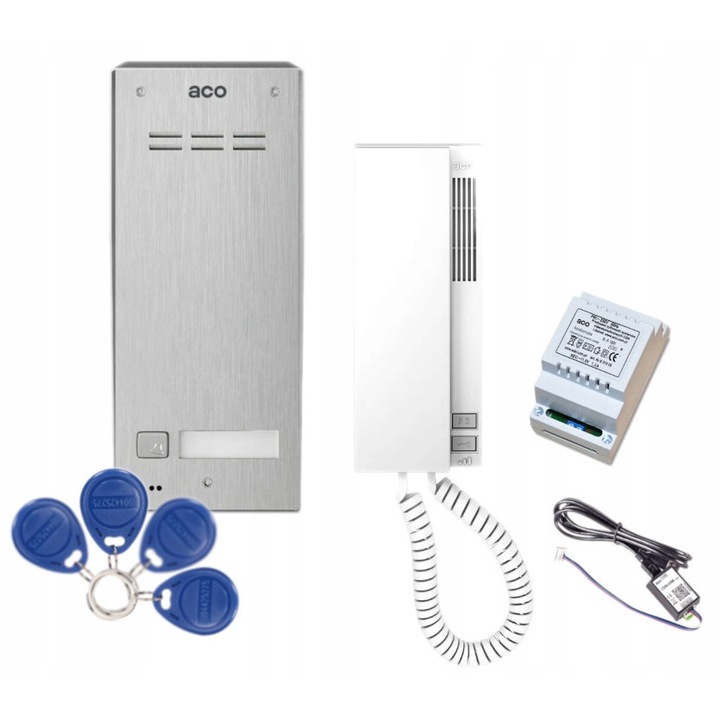 Set interfon ACO FAM-P-1NPACC NT, unifon INS-UP720M, transformator 11,5V 1,2A, 4 brelocuri, cablu USB, alb