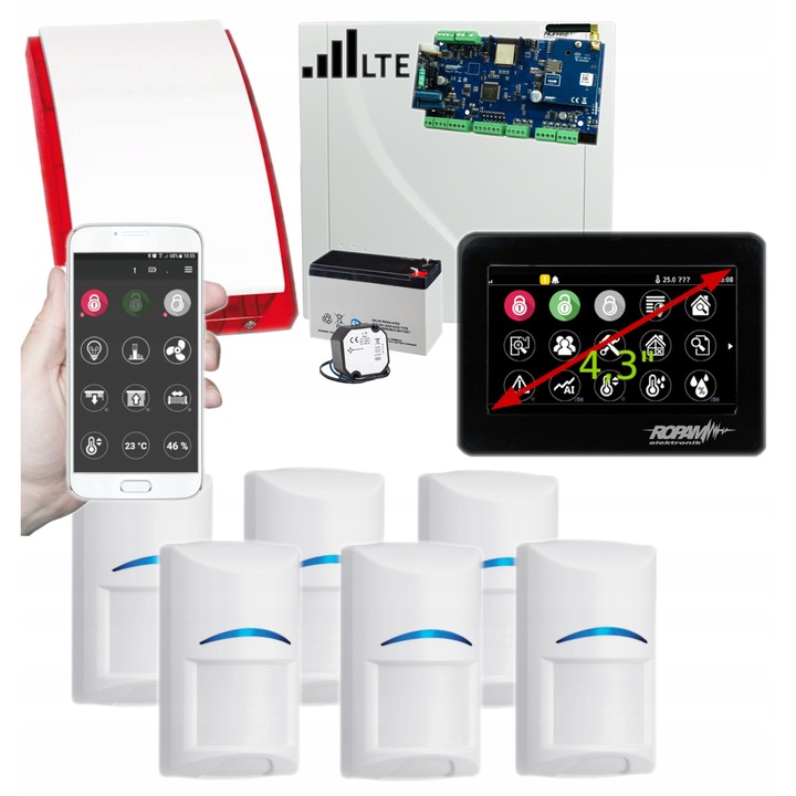 Система за алармиране Ropam NeoLTE-IP-PS-SET, 6 сензора Bosch, черен тъч панел, GSM, WiFi, LTE