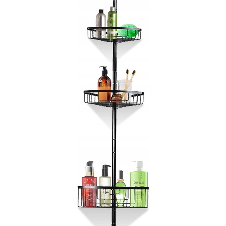 Suport de baie Smartpeas, polka prysznicowa telescopica, 4 cosuri, neagra, dimensiune reglabila 76x275cm