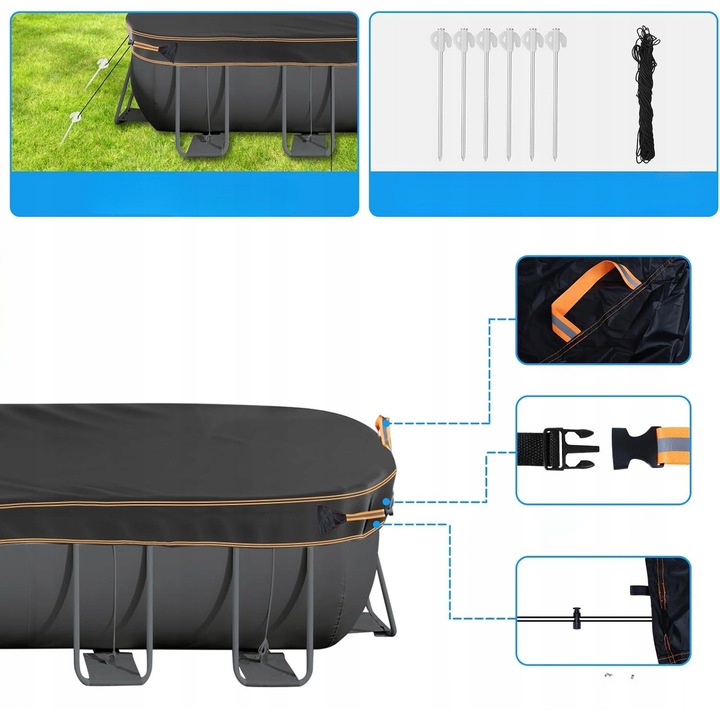 Покривало за басейн, 210D, водоустойчиво, UV устойчиво, 4x2м, комплект