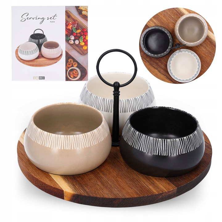 Комплект от 3 керамични купи за сервиране на закуски, Cadro, с поднос