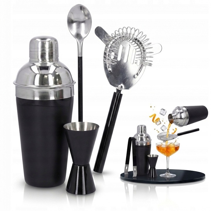 Cadro bártender szett, shaker, kanál, mérőpohár, szűrő, jégcsipesz, fényes fekete, rozsdamentes acél, 5 darabos