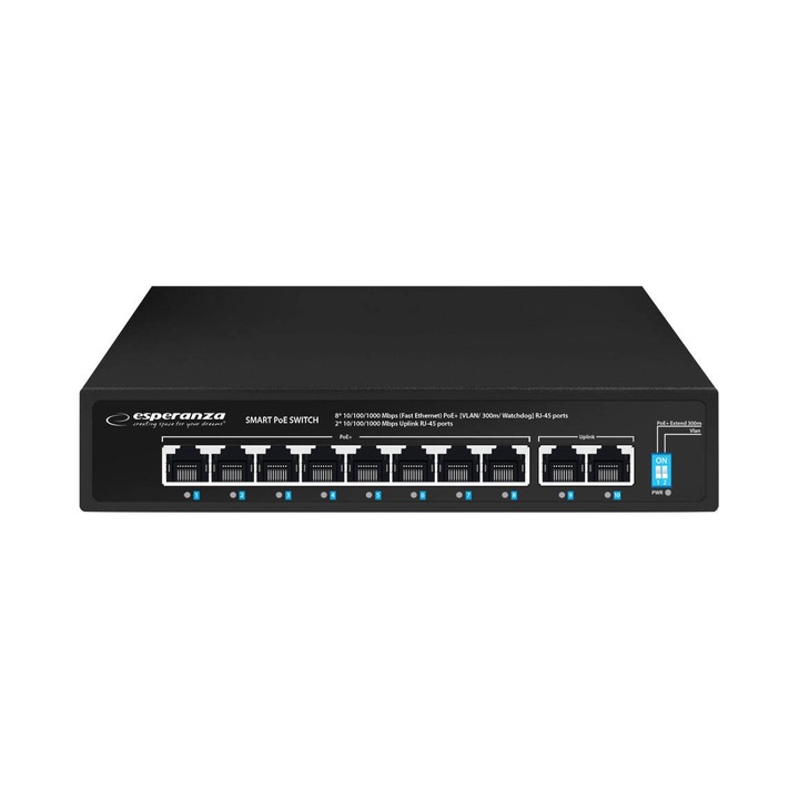 Switch PoE Esperanza Matrix, 8x PoE (IEEE 802.3af/at) 2x uplink 10/100/1000 Mbps, extindere 300 m, 120 W, Negru