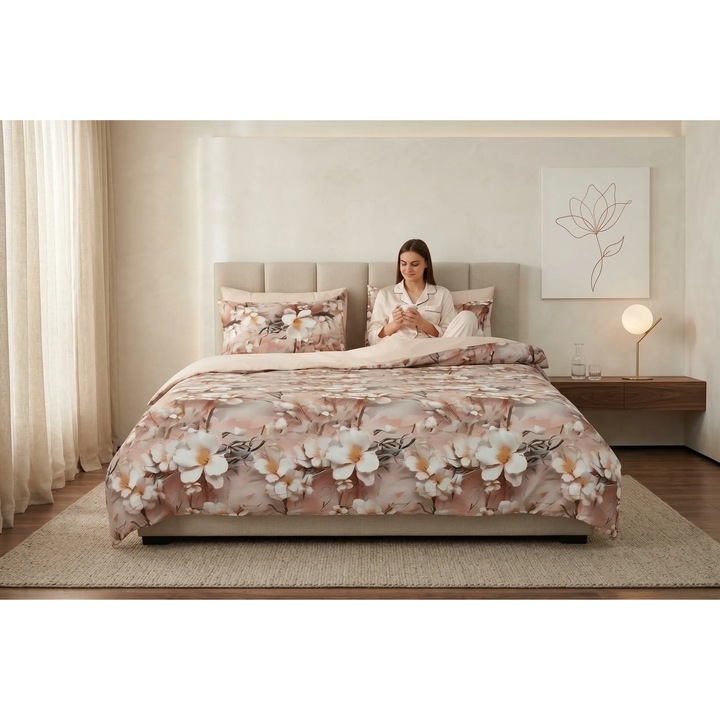 Lenjerie pat KING SIZE NufJoy® cu Husa, 100% BUMBAC Luxury Linen, 4 Piese, Reversibila, Imprimare Digitala, Cearsaf pat cu elastic pentru saltea160x200 cm, Cearsaf pilota 200x230 cm, 2 Fete perne 50x70, Cutie Cadou, Champagne Blossom