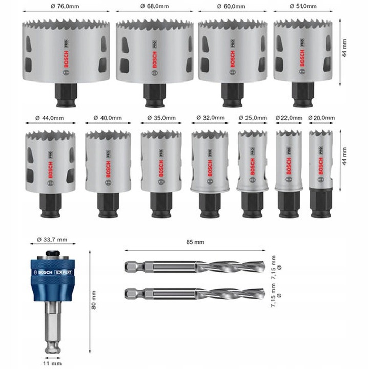 Комплект 11 боркорони Multi Material Bosch, 20-76 мм, с адаптер Power Change Plus, HSS-G