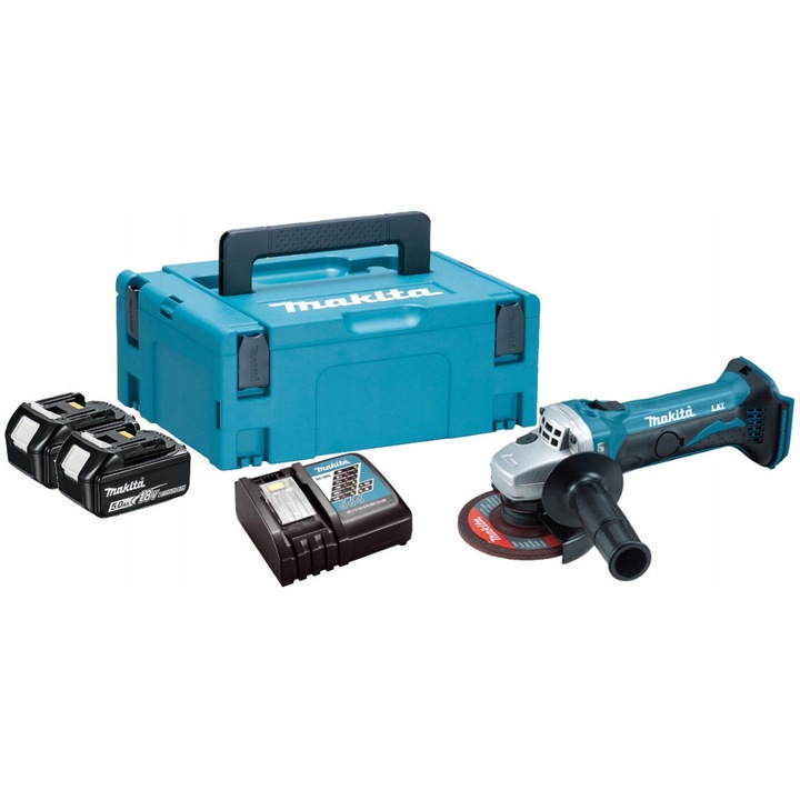 Polizor unghiular 115mm, Makita, 18V, 2 acumulatori 5Ah, in cutie MAKPAC