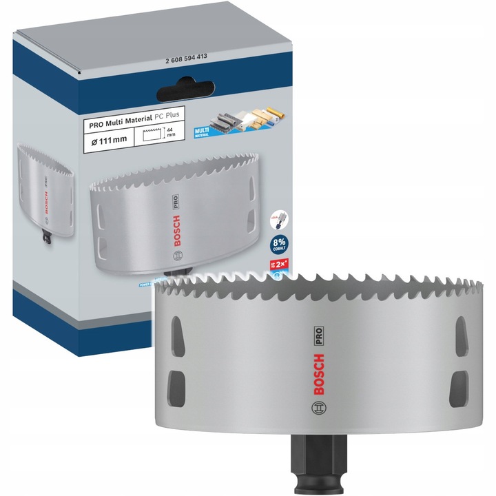 Pila otwornica 111 mm Multi Material Bosch, HSS-Bimetal, montaj prin adapter Power Change Plus, 44 mm lungime, 69 mm lungime totala
