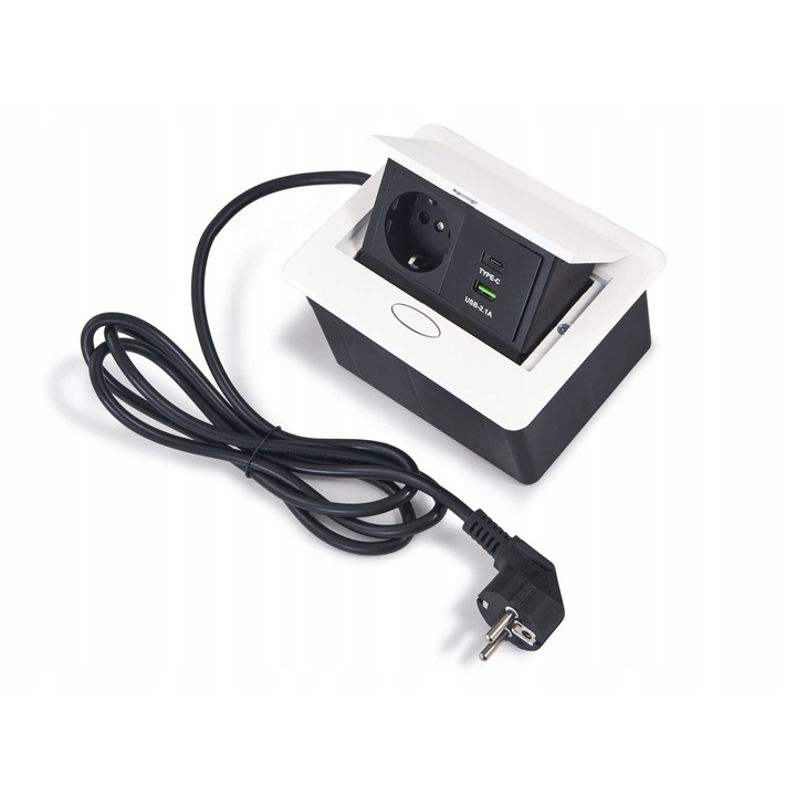 Gniazdo biurkowe wpuszczane in blat Koloreno, crem, 1x230V, 2xUSB A+C, set cu cablu de 1,6m