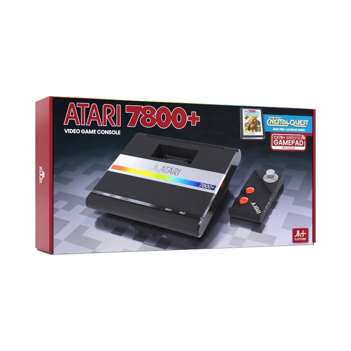 Consola de jocuri Atari 7800+ LER25, HDMI, alimentare USB, compatibila cu cartridje Atari 7800/2600, controler wireless CX78+ si cartus Bentley Bear’s Crystal Quest inclus, negru