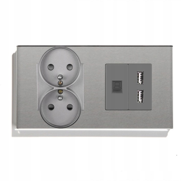 Gniazdo electric dublu din sticla, 2x USB + RJ45, negru, 157x86x9mm