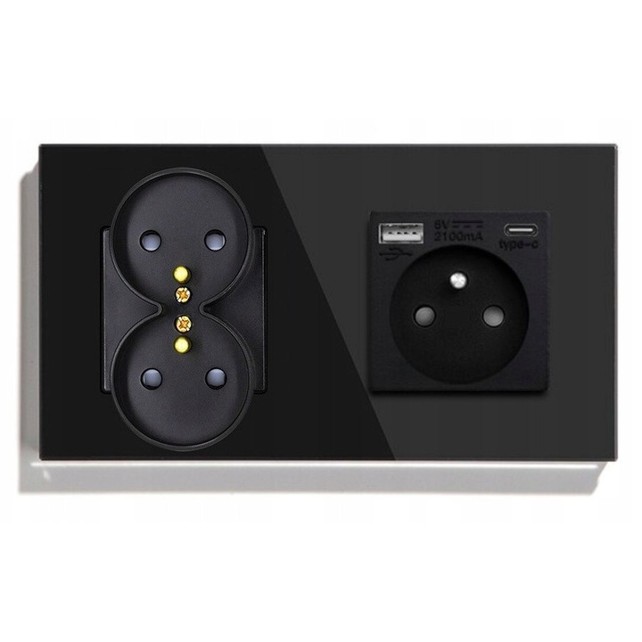 Gniazdko electric dublu cu USB-C, 16A, sticla, negru, 157x86x9mm