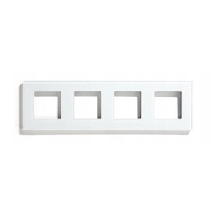 Rama sticla patrata pentru montaj prize si intrerupatoare, 4 locuri, alb