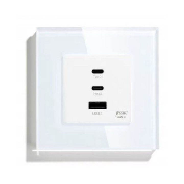 Gniazdo USB-C 65W Quick Charge, alb, 2 porturi USB-C, 1 port USB-A, montaj pe perete