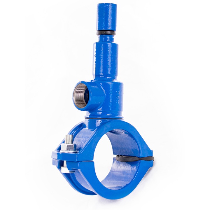 Bohamet fúróbilincs leágazáshoz 160/32 (DN160 → 32 mm) PN10, EN-GJL-250 öntöttvas, menetes 5/4", maróátmérő 34 mm, max. vastagság 15 mm, epoxi bevonat ≥80 μm, kék, kód EAJOSGAZ