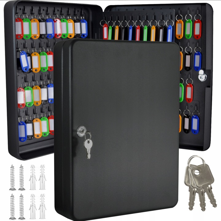 Saculet pentru chei, 160 locuri, metal, negru mat, set cu 3 chei si brelocuri multicolore