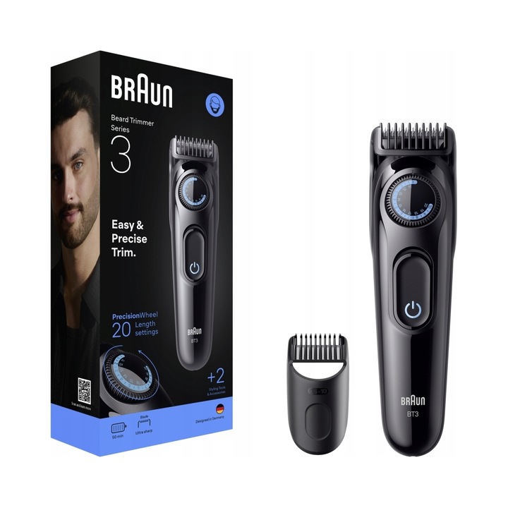Aparat de tuns Braun Series 3 BT3500, set cu 2 accesorii, 50 min autonomie, negru