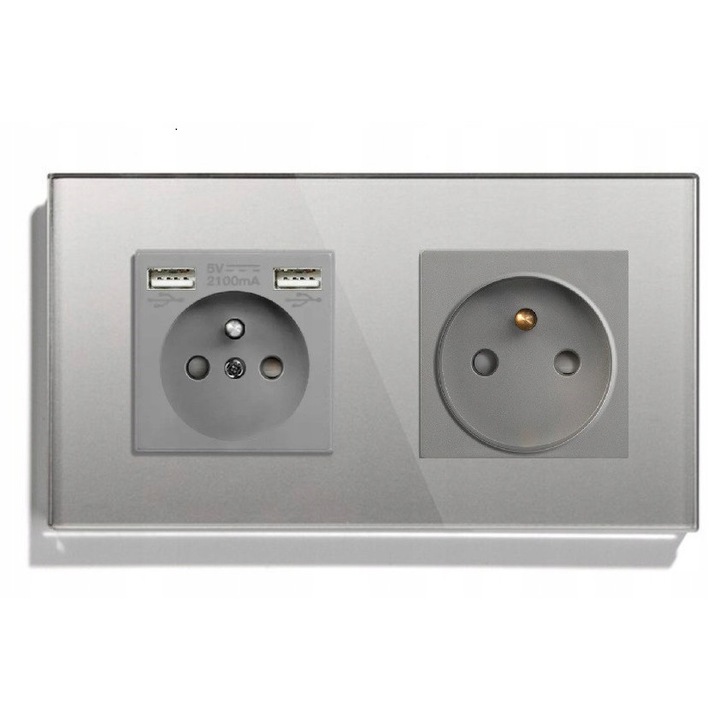 Gniazdo electric dublu cu 2 porturi USB A, 16A, sticla, gri, 157x86x9mm