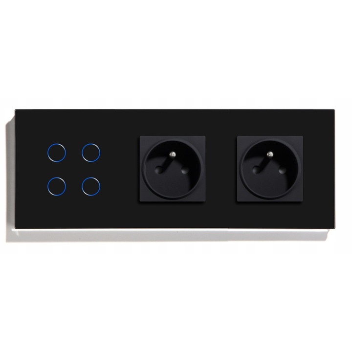 Intrerupator dotyk cu 4 butoane, 2 gniazduri, sticla neagra, 157x86x9mm