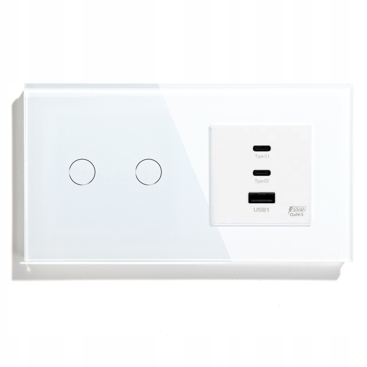 Intrerupator dotykowy dublu cu 3 porturi USB, alb, 157x86x9mm