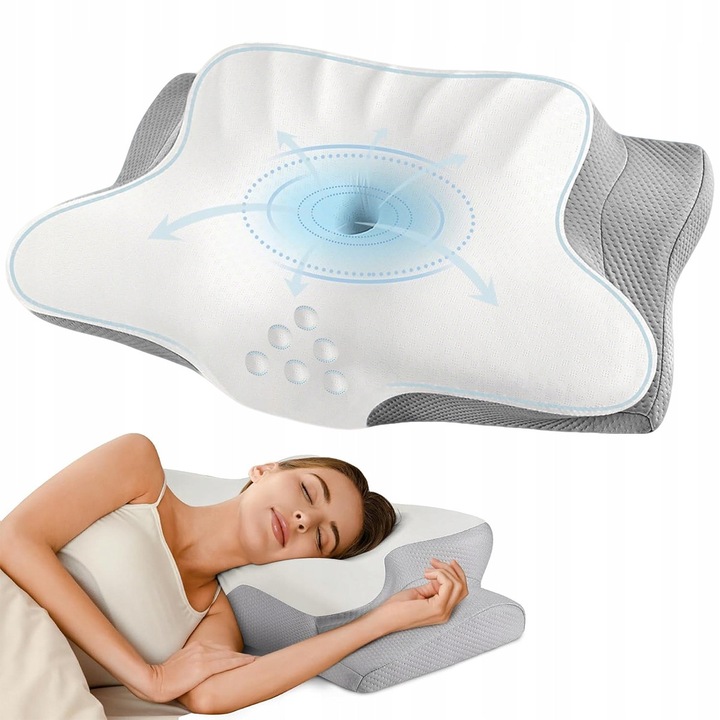 Perna ortopedica din spuma memory, alb-gri, 61x41,5x13/13,5cm, cu husa detasabila