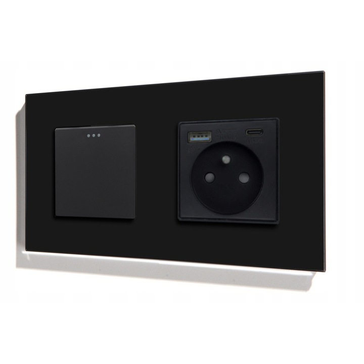 Intrerupator schodowy cu gniazdo USB A+C QC 20W, alb, 157x86x9mm, set