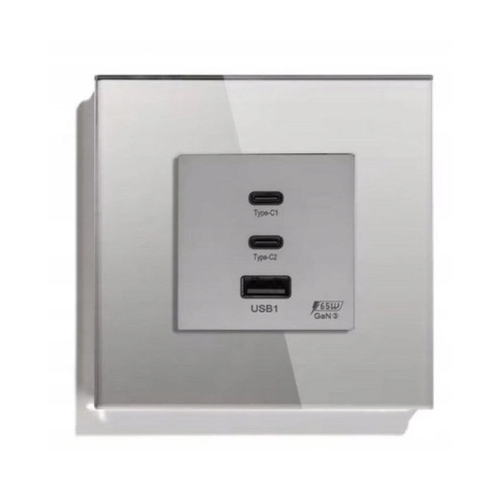 Gniazdo USB-C 65W Quick Charge, 2 porturi, 1 port USB-A, sticla, gri, montaj 60mm