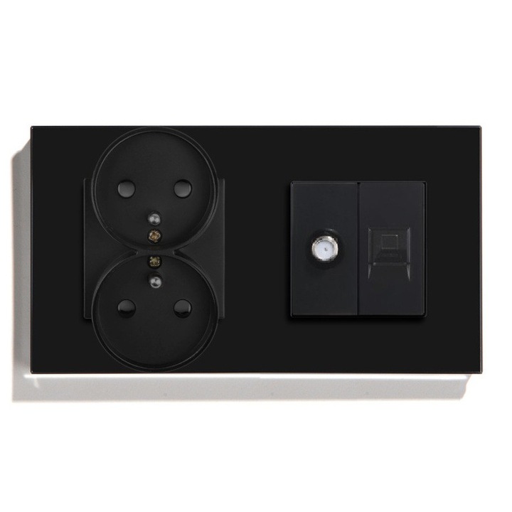 Gniazdko electric dublu din sticla, 2F, RJ45, 228x86x37mm, negru
