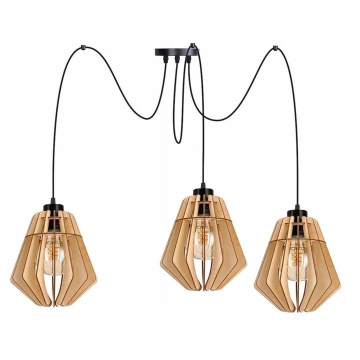 Lustra suspendata PAJAK, 3xE27, 150cm, neagra, 3 abajururi din lemn