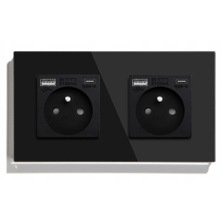 Gniazdko electric dublu cu 4 porturi USB-C, 16A, sticla, negru, 157x86x9mm