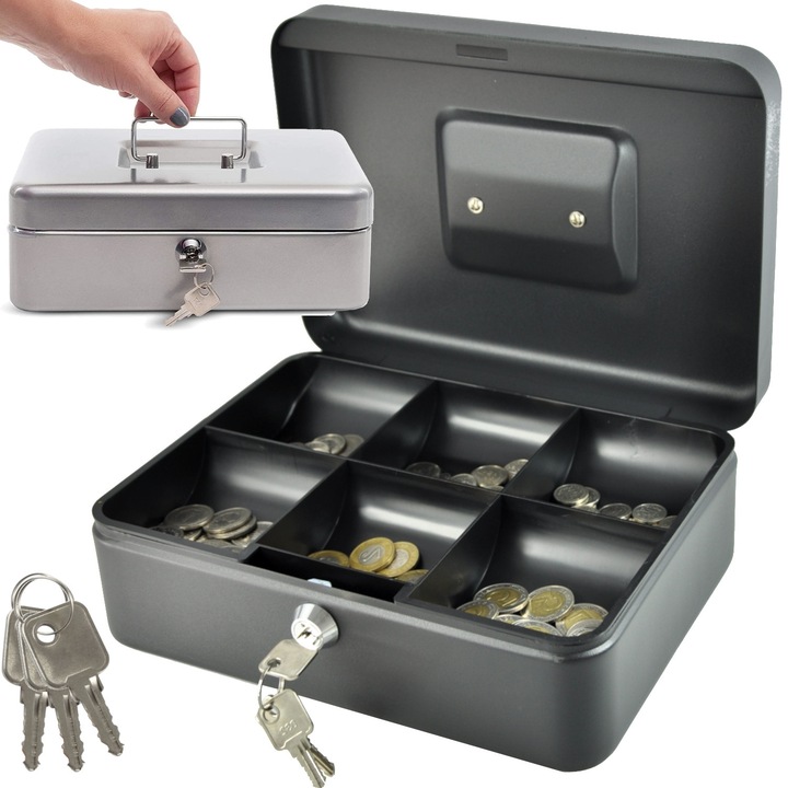 Caseta metalica pentru bani, 250x180x90mm, negru mat, cu compartiment pentru monede, 3 chei incluse