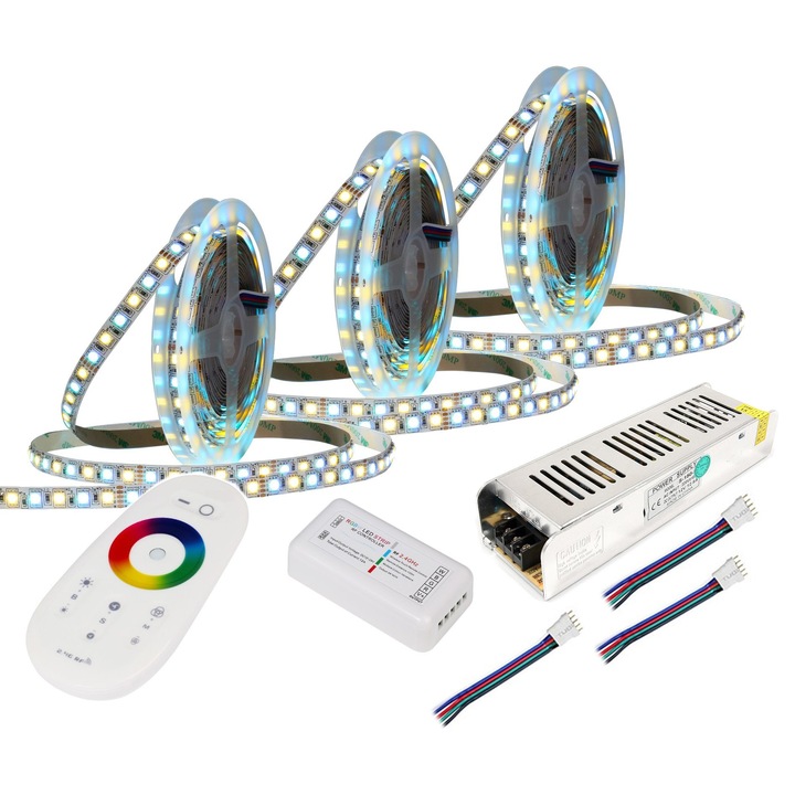 Set 3 Benzi LED RGBW 15m, Alb Neutral, 900 Diode, Controler RF