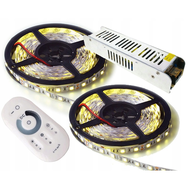 Комплект 10м LED ленти SMD5050, неутрално бяло, RF димер с дистанционно, 12V, 300 диода