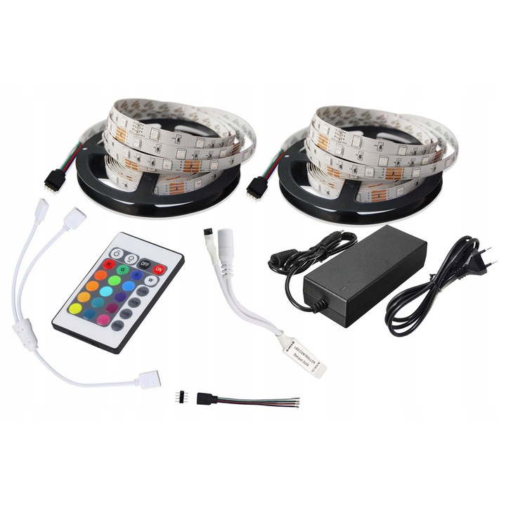 Benzi LED RGB 150, 10m, 2 rolki, SMD 5050, controler IR 24 butoane, alimentare 12V